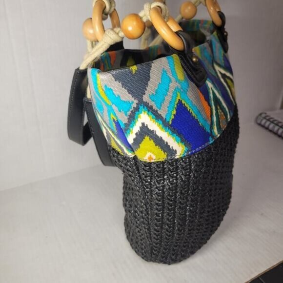 Plum Brand Multicolored Fabric Southwestern Wood Accent Woven Shoulder Handbag - Picture 6 of 12